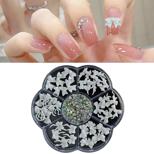 S.A.V.I 3D White Bow Knot Nail Art Charms with AB Rhinestones | Resin Nail Decorations Set | Round 7-Section Storage Box 8.3 cm | DIY Gel & Acrylic Nails (30 Pcs)