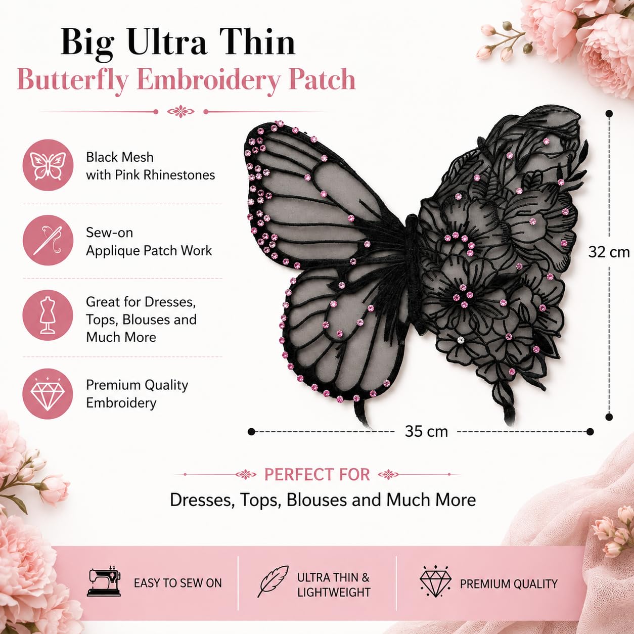 S.A.V.I Butterfly Embroidery Applique Patch Black Mesh Rhinestone Sew-On|Ultra Thin 35x32 cm Floral Lace Design for Kaftan, Dress, Blouse & Tops, Lightweight Decorative Craft Embellishment for Women