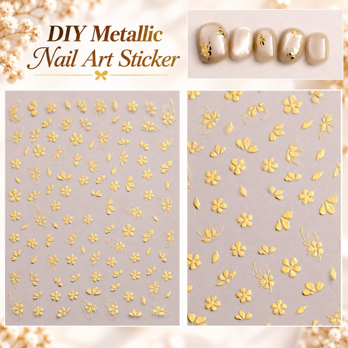 S.A.V.I 3D Floral Nail Art Stickers Metallic Gold, Set of 4 | Self Adhesive Decals, Raised Flower Designs, 8 x 10 cm Each, Easy Application, Home Salon Use