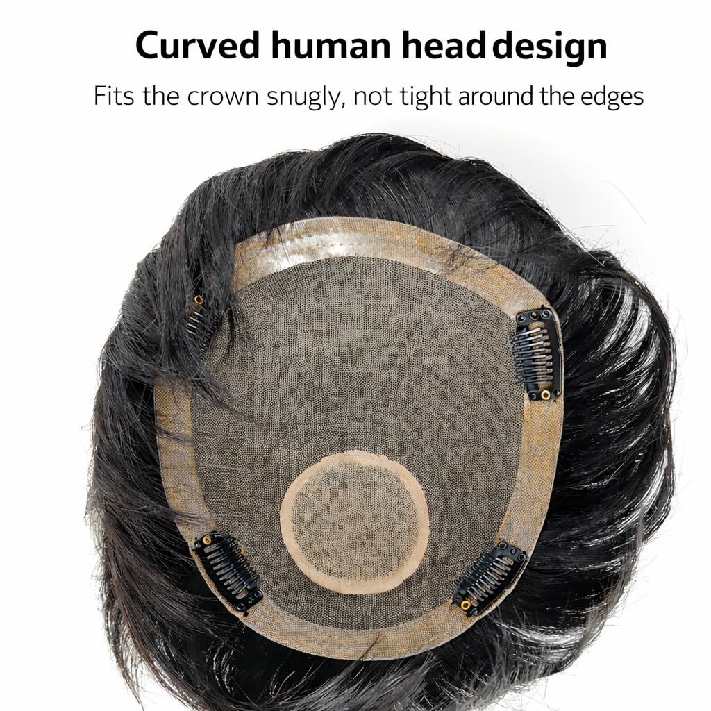 S.A.V.I Natural Black 100% Human Hair Crown Patch for Men – Curved Round Hair Topper with Breathable Base, Secure Clips, Lightweight Seamless Blend for Thinning Coverage