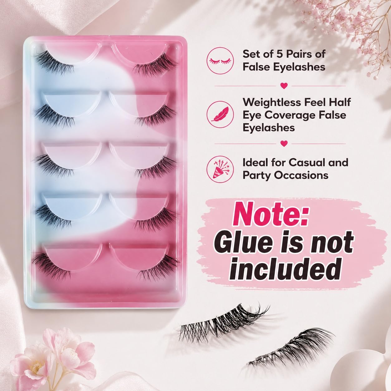 S.A.V.I Half False Eyelashes 5 Pairs Natural Wispy 18mm | Weightless Feel, Outer Corner Lashes, Reusable, Everyday & Party, Soft Band