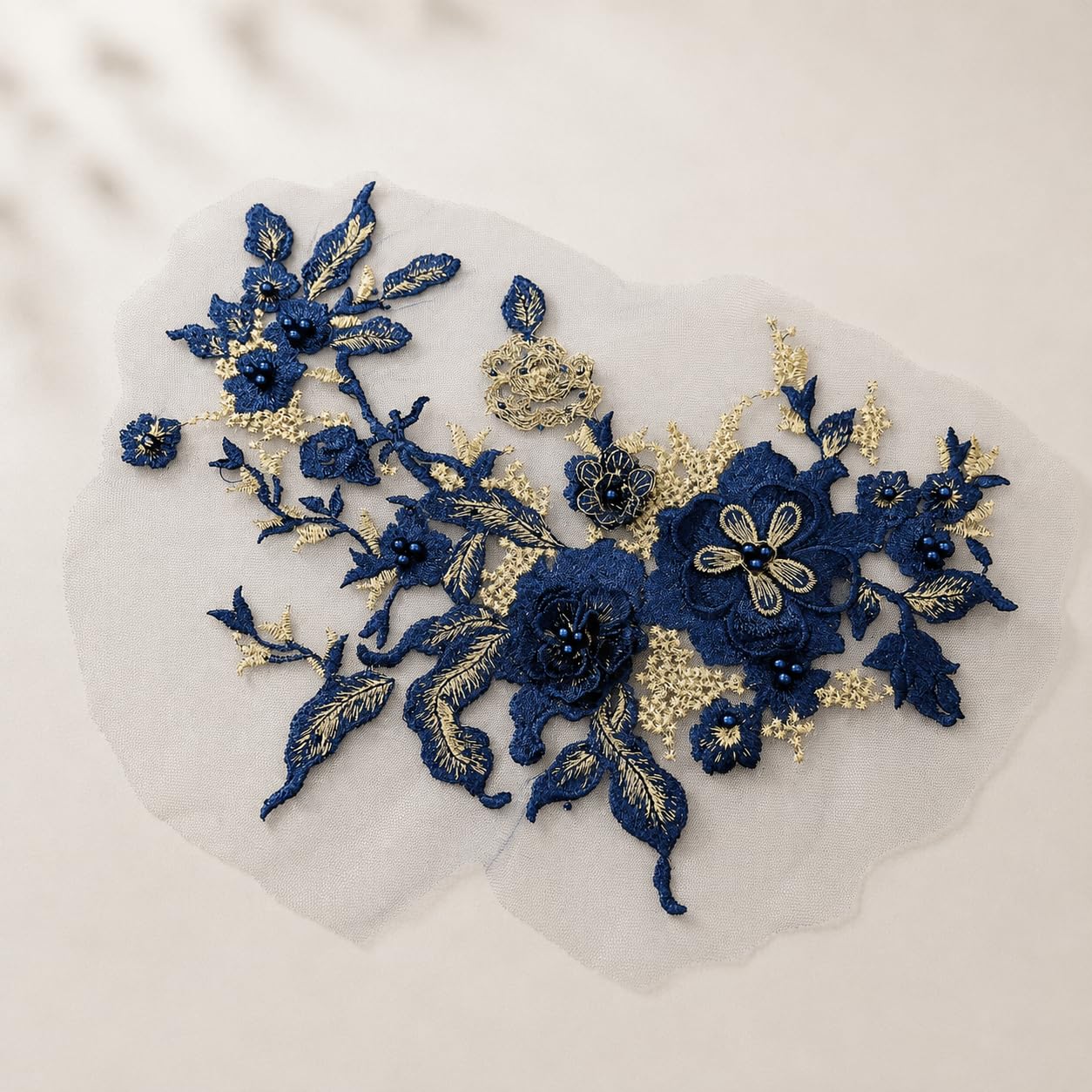 S.A.V.I Floral Embroidery Patch Sew-On Applique Navy Blue 36 x 25 cm|Gold Beaded Lace Motif for DIY Blouse, Gown, Sweater, Kurti & Costume Customization