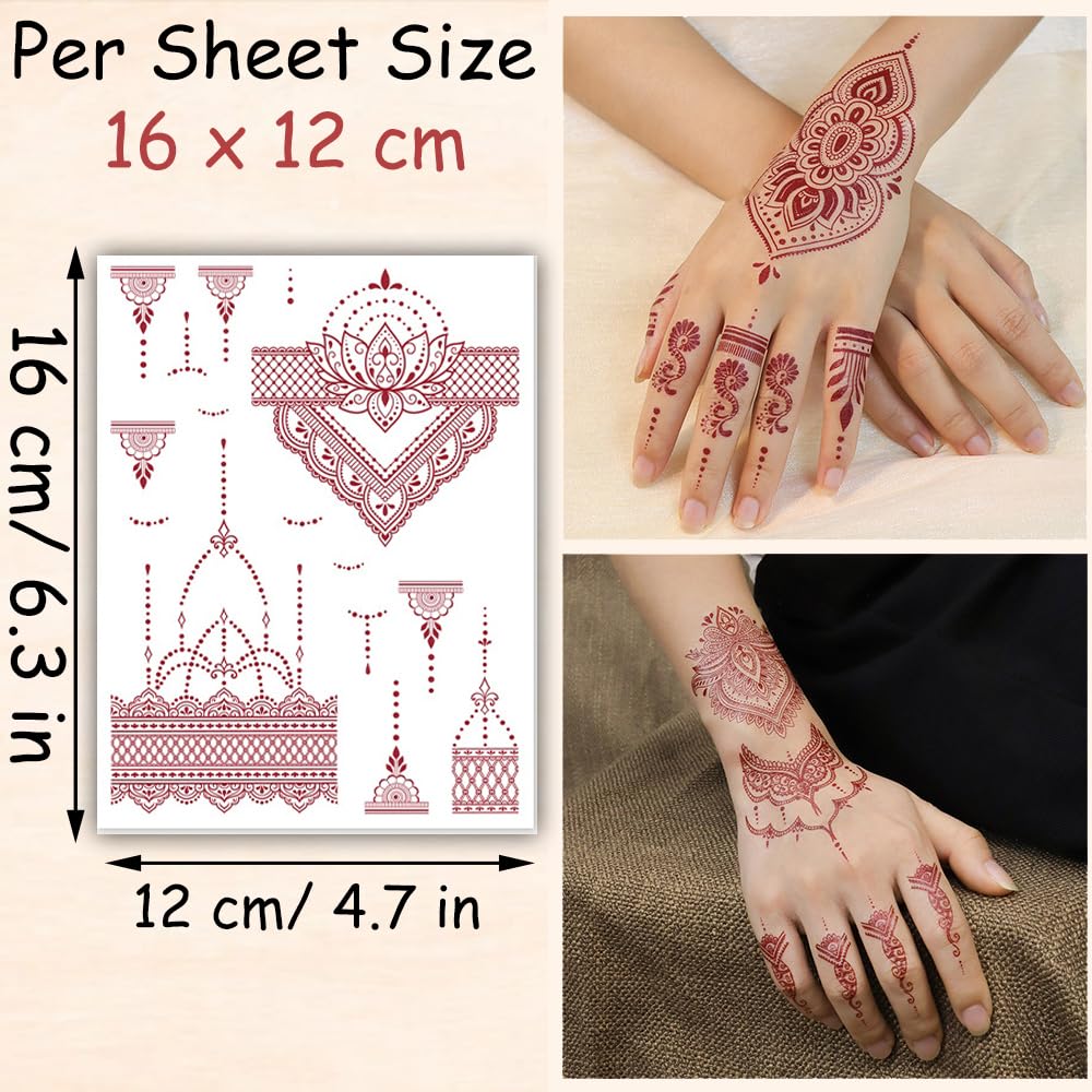 S.A.V.I 2 Sheets - Temporary Mehndi Tattoo Stickers for Hands (16x12 cm) | Red Henna Style | Waterproof, Non-Toxic | Mandala & Floral Design for Women & Girls | Festival & Bridal Use (#39)