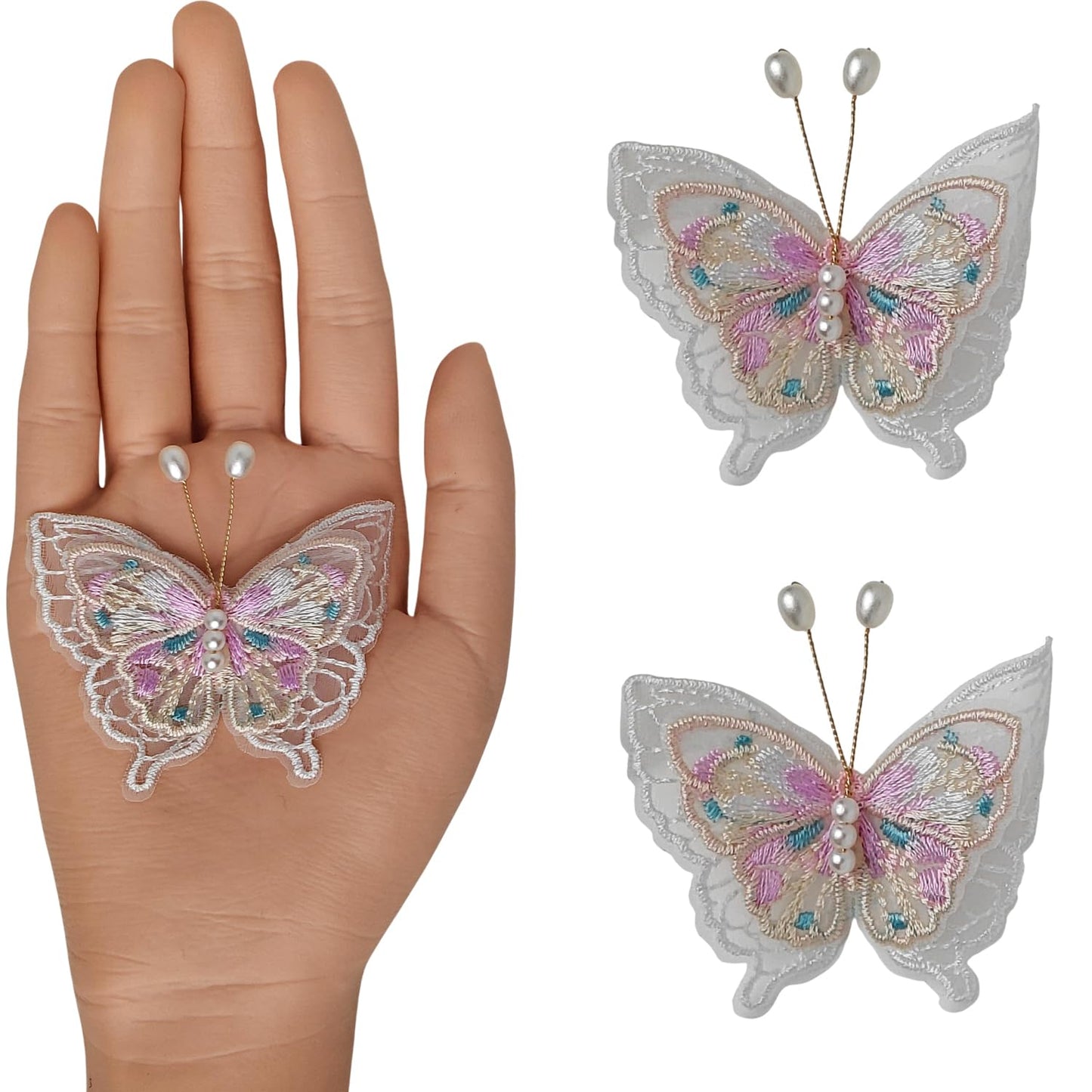S.A.V.I White & Purple Butterfly Embroidered Sew-On Appliqué Patch Pair 6.5 x 6 cm | Pearl Beaded Lace Fabric Motifs for Dresses, Blouses, Sarees & DIY Craft Decor (Purple)