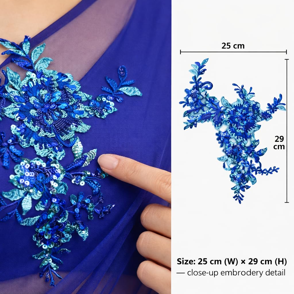 S.A.V.I Royal Blue Sequin Embroidered Floral Appliqué Patch 25 x 29 cm | Net Fabric V-Shaped Designer Motif | Handcrafted Sew-On for Gowns, Blouses & Dresses (Royal Blue)