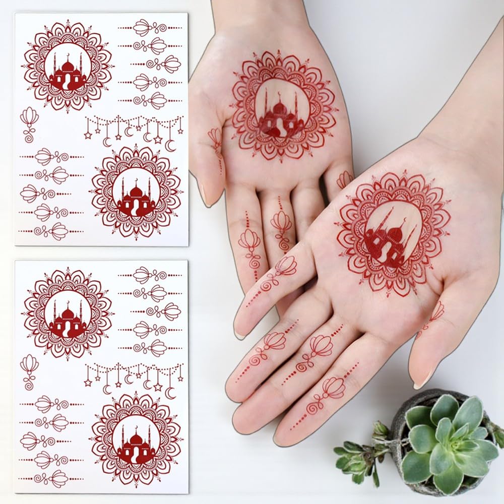 S.A.V.I 2Pcs Natural Islamic Henna Mehndi Temporary Tattoo Stickers for Women – Crescent Moon, Mosque & Mandala Design, Waterproof Skin-Safe Transfer Body Art for Eid, Nikah & Festivals (#58)