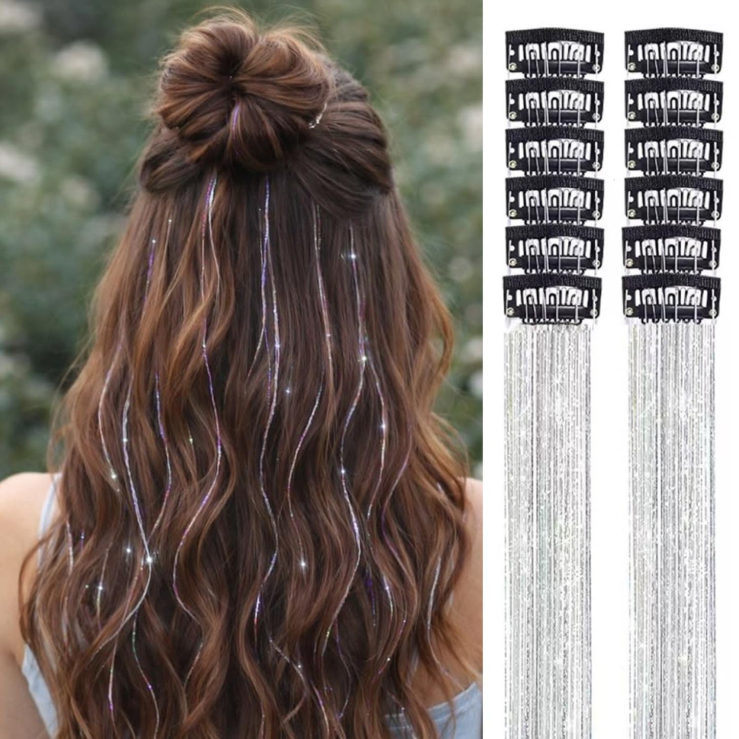 S.A.V.I Silver Glitter Hair Tinsel Clip-In Extensions 12 Pcs Pack | 50cm Shimmer Metallic Fairy Strands with Snap Clip | Reusable Sparkle Hair Accessory for Women, Girls, Parties & Festivals