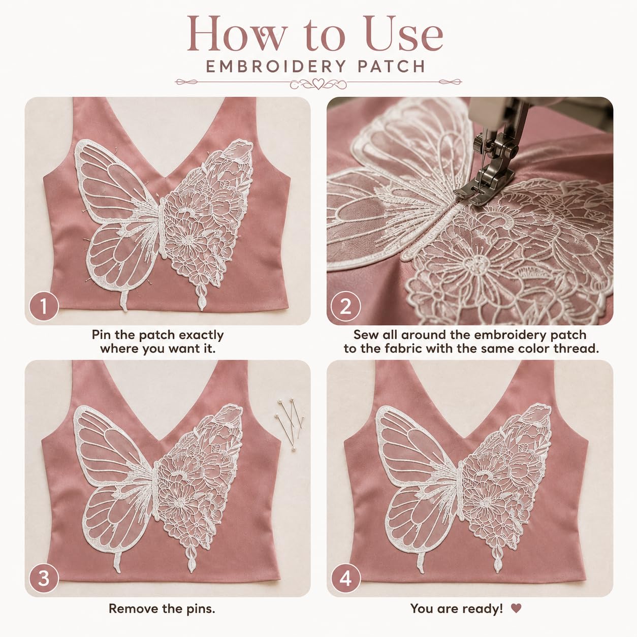 S.A.V.I Butterfly Floral Embroidery Sew-On Patch White Mesh 35x32cm|Floral Lace Motif for Dresses, Blouses & Gowns, Premium Fabric, DIY Clothing Repair & Customization, Women Craft Accessory