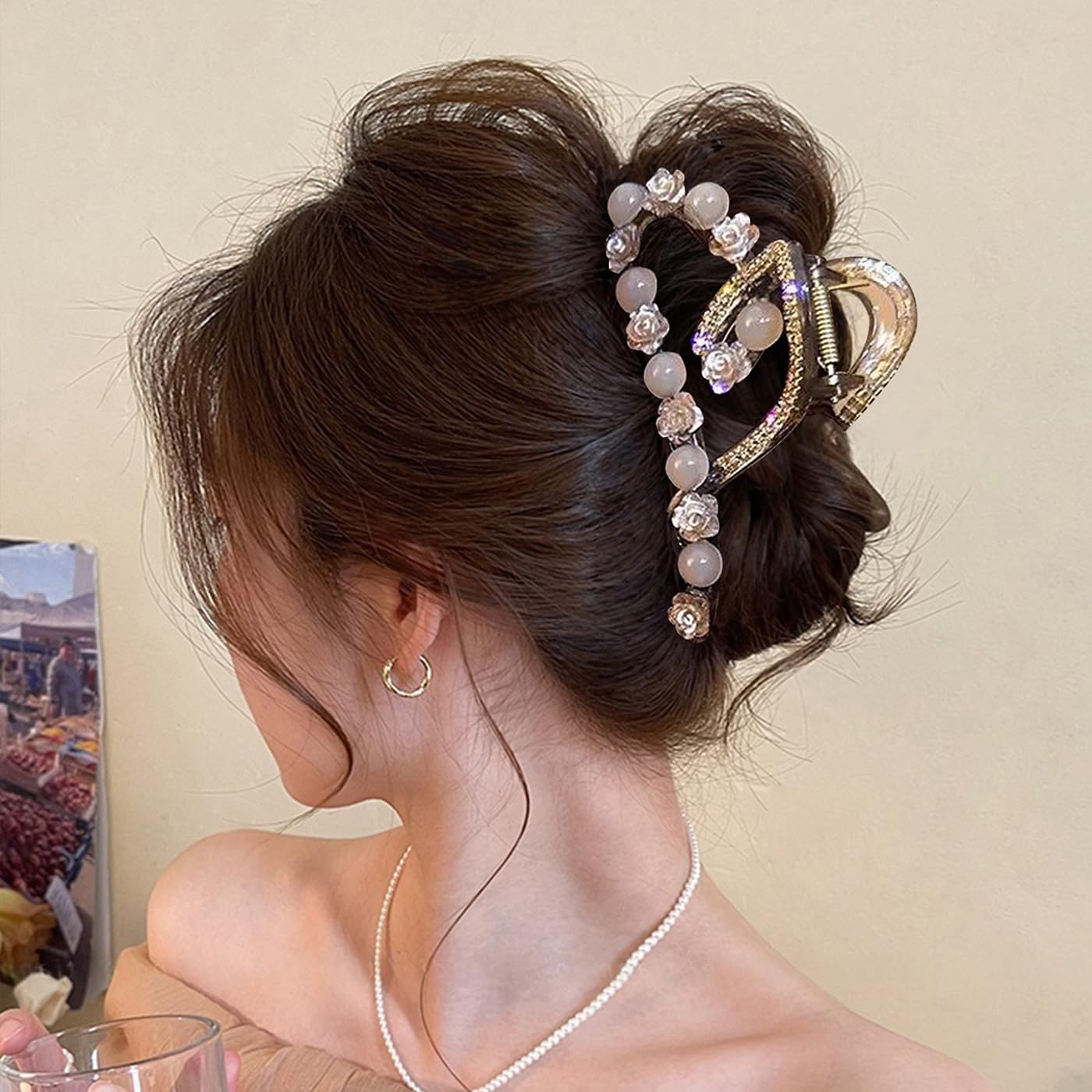 S.A.V.I Champagne Gold Floral Hair Claw Clip for Women, 12 cm Large Acrylic Clutcher with Rose Pearl Beads & Rhinestone, Strong Grip Bun Holder Hair Accessory for Party Daily