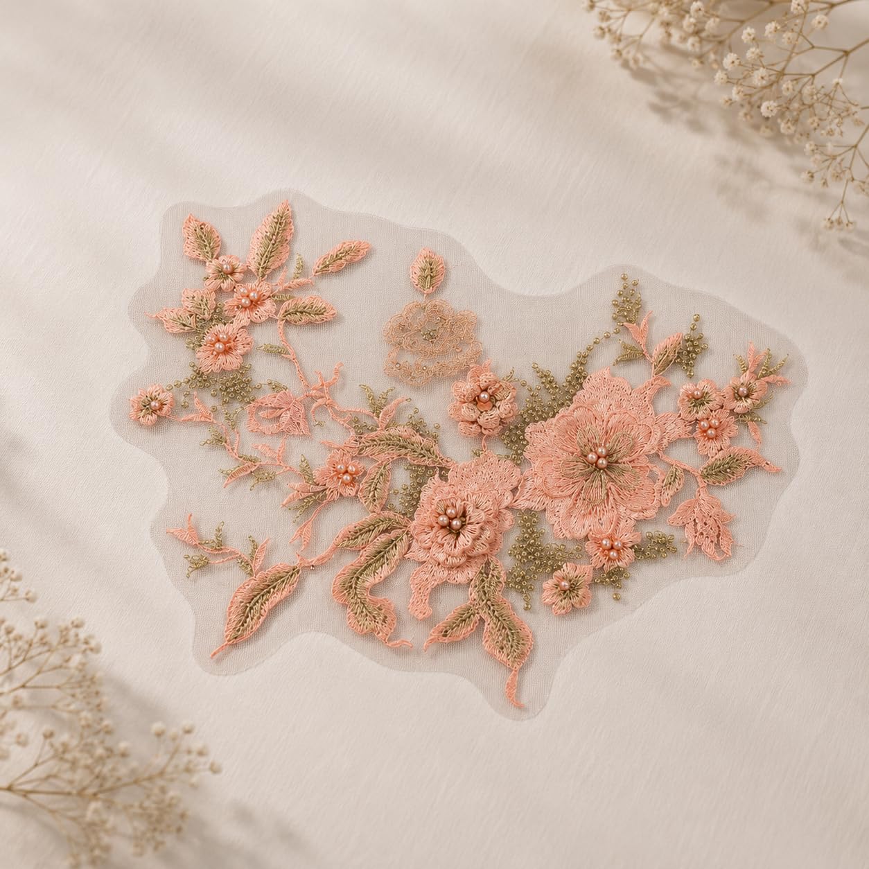 S.A.V.I Floral Embroidery Patch Sew-On Applique Lace Motif|Pink & Gold DIY Garment Embellishment, 36 x 25 cm, Mesh Fabric, Ideal for Kurtas, Gowns, Blouses & Craft Decor