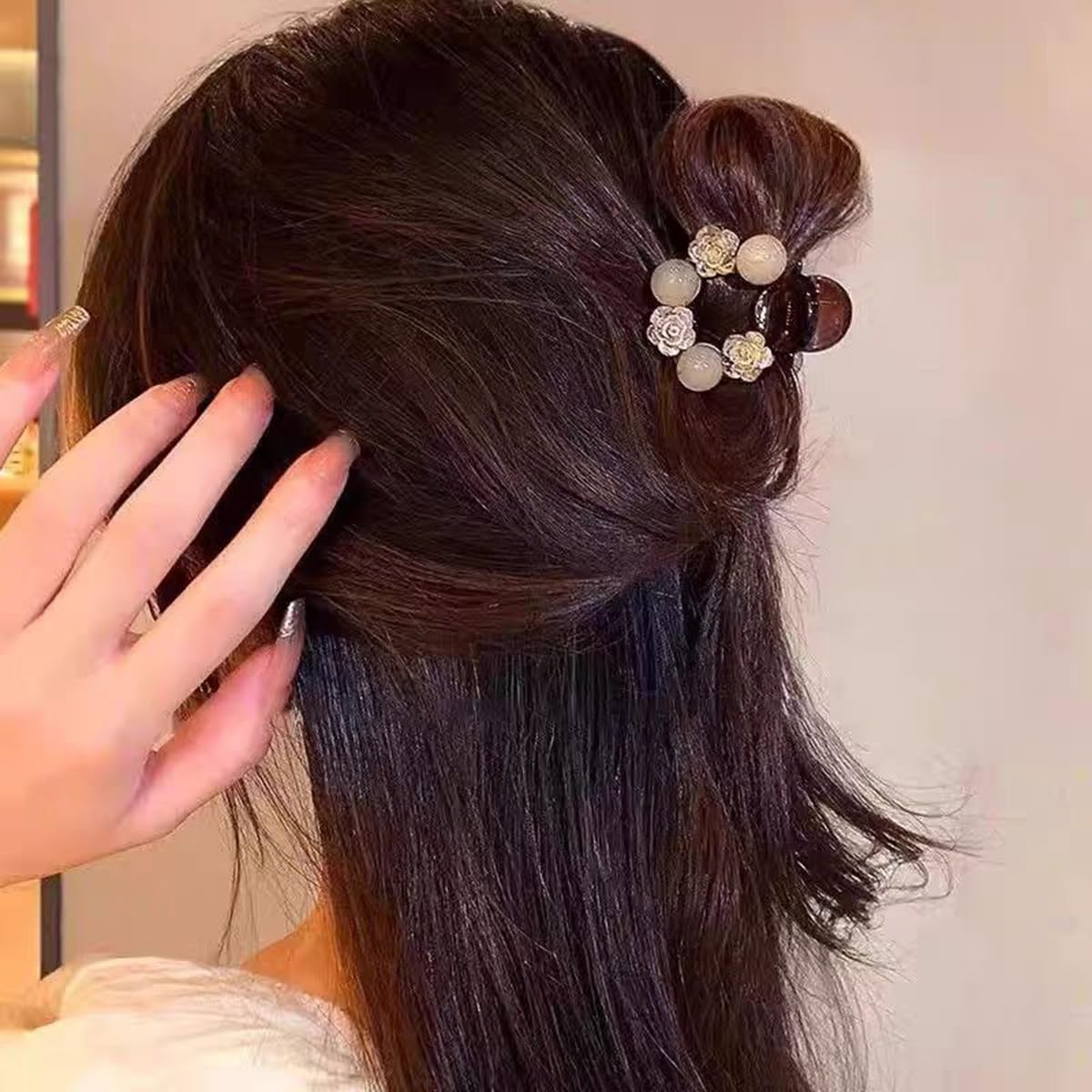 S.A.V.I Beige Small Hair Claw Clip 4cm | Round Acrylic Clutcher with Rose Flower & Bead Decor | Strong Hold Mini Hair Clip for Girls & Women