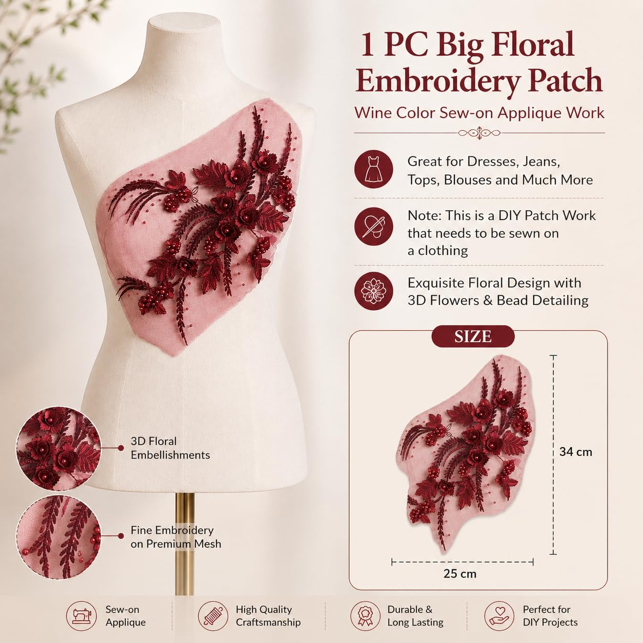 S.A.V.I Floral Embroidery Patch Sew-On Applique Wine 34x25cm|3D Beaded Mesh Lace Motif for Kurti, Gown, Blouse & DIY Craft, Premium Finish