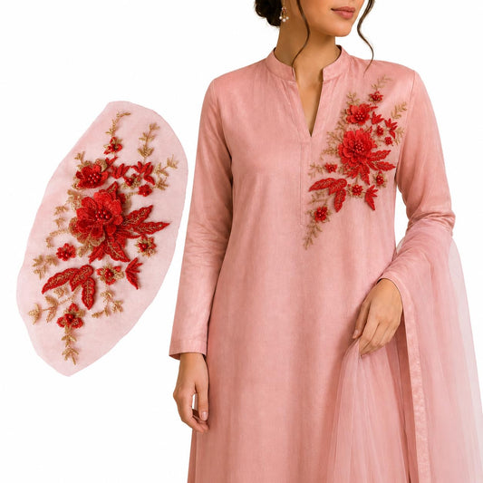 S.A.V.I Floral Embroidery Patch Sew-On Applique Red Gold 29x14cm (Red)|Decorative Lace Motif with Pearl Beads for Kurtas, Saree Blouses, Dresses, Jackets & DIY Craft Customization