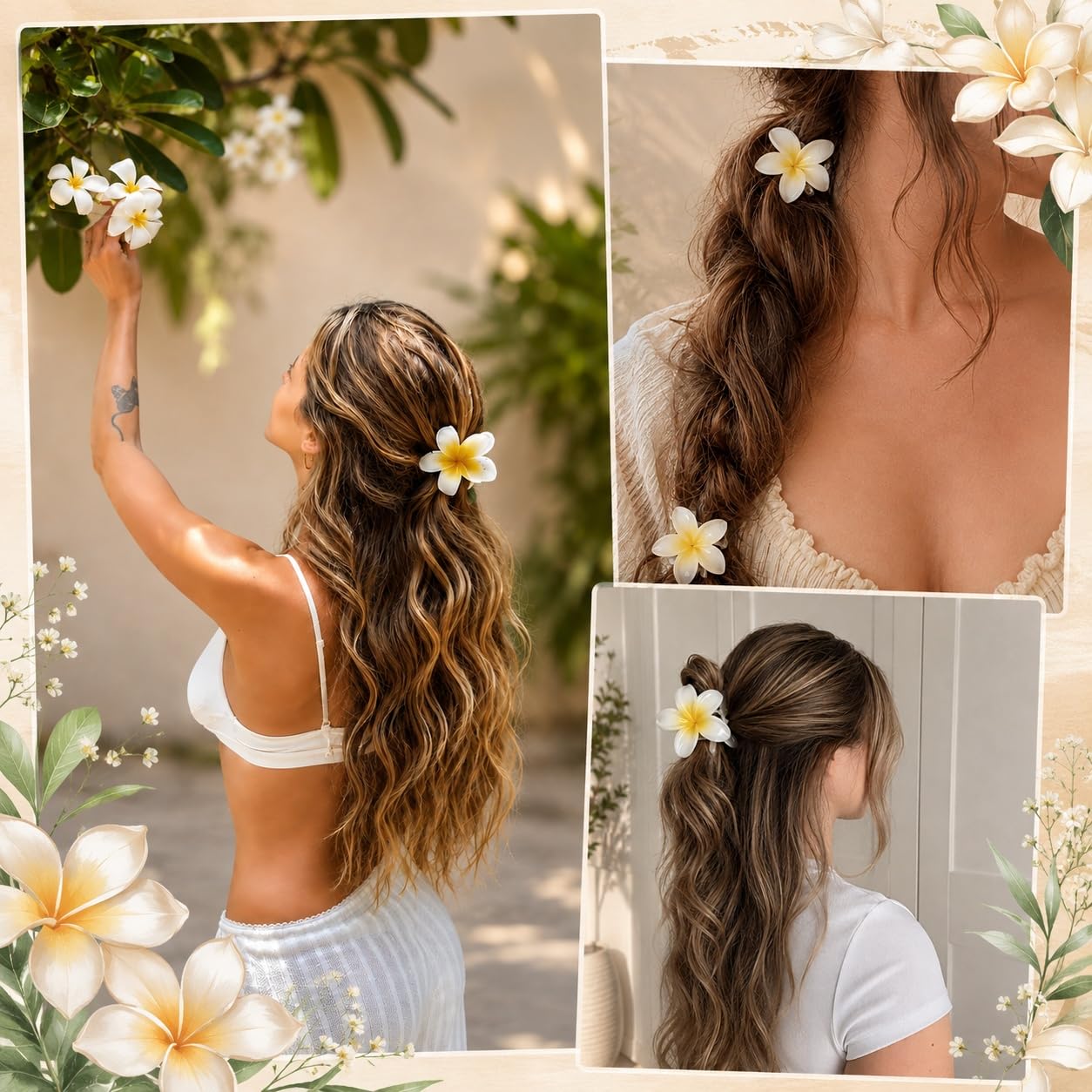 S.A.V.I Floral Resin Plumeria Hair Claw Clips White 8cm & 4cm | Set of 3, Strong Grip, Lightweight, Tropical Style, Women & Girls