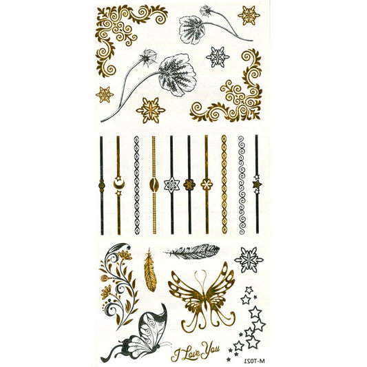 S.A.V.I 3D Temporary Tattoo Golden And Silver Metallic Sticker Butterfly Flower Design Size 21x10CM - 1PC.
