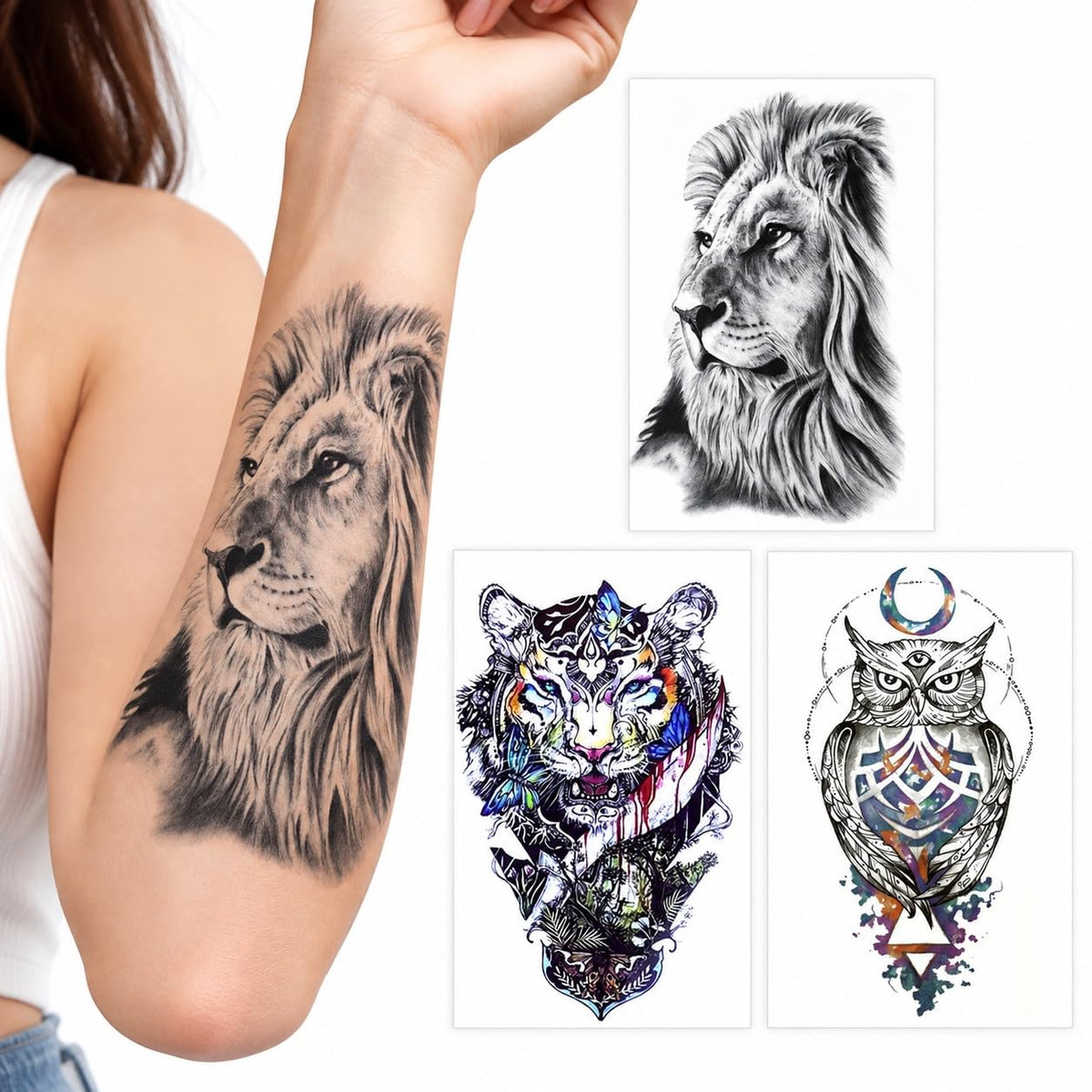 S.A.V.I Temporary Tattoo Stickers Lion Tiger Owl, 3 Sheets