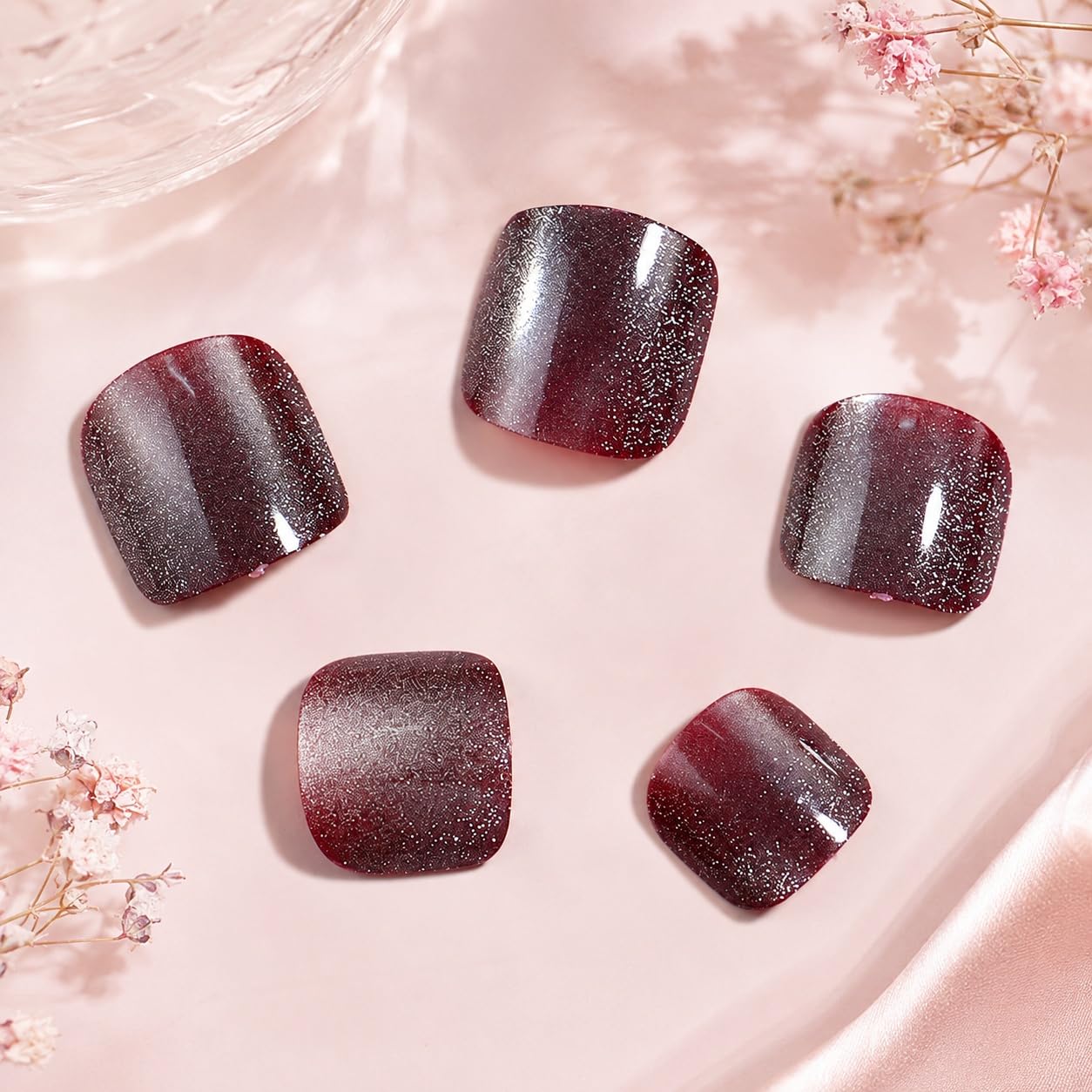 S.A.V.I Press on Toenails Wine Cat Eye Short Square 24-Piece