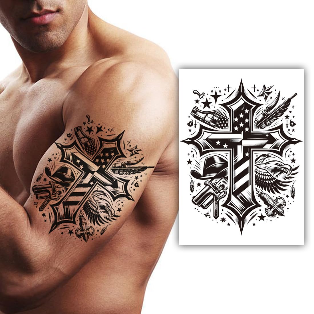 S.A.V.I 1 Pc Black Cross Temporary Tattoo for Men – 21x11 cm | Waterproof Long-Lasting Body Art with American Eagle & Flag | Non-Toxic, Easy to Apply & Remove | Arm Tattoo Sticker