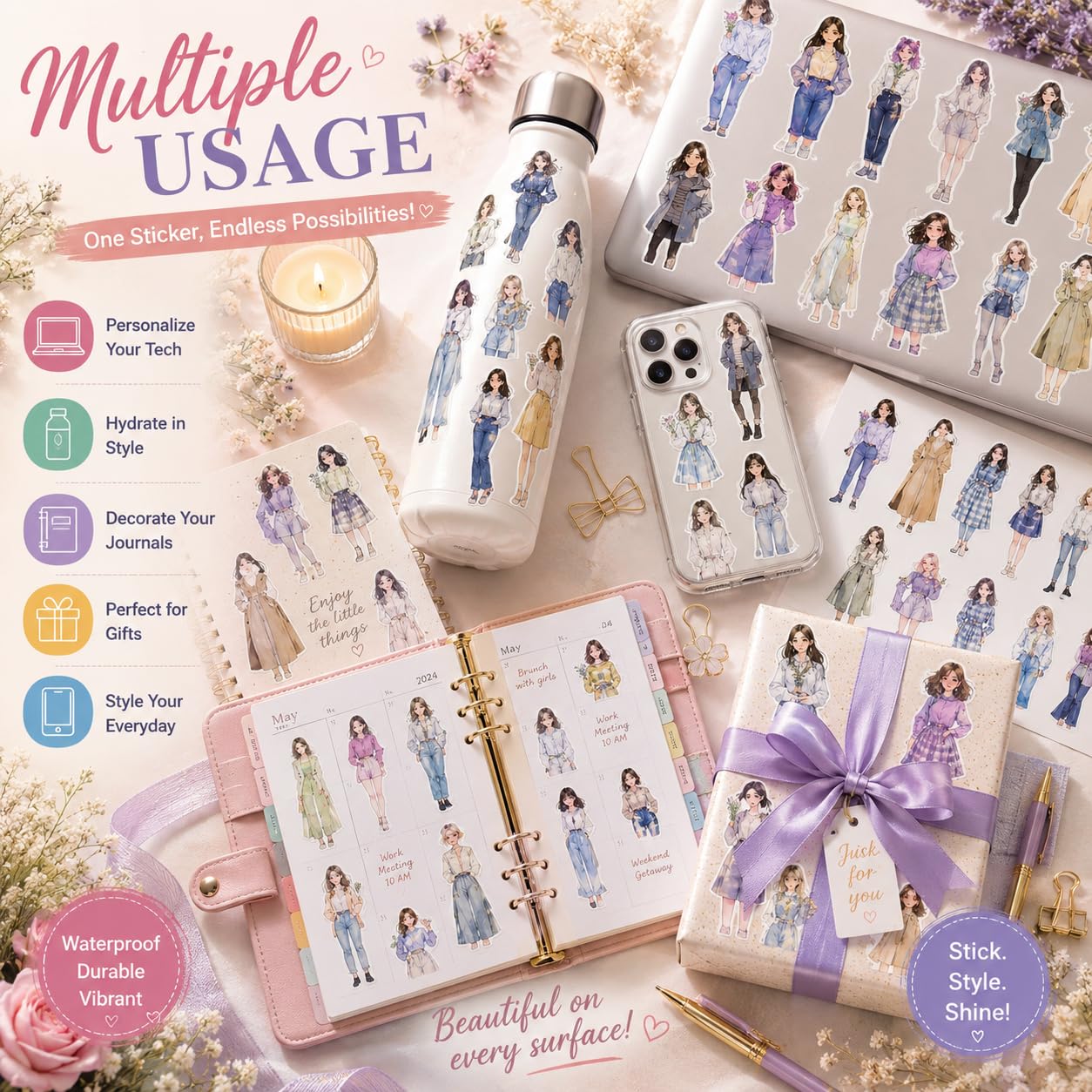 S.A.V.I 50 Pcs Aesthetic Stickers for Girls | Cute Vinyl Decals Set