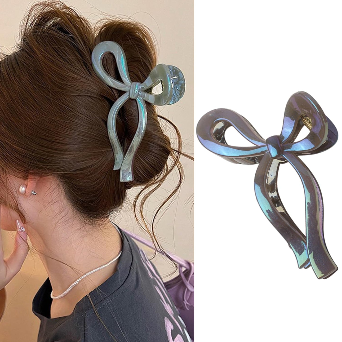 S.A.V.I Large Bow Hair Claw Clip for Women & Girls | 13 cm Jumbo Acrylic Hair Clutch | Mermaid Purple Iridescent Finish | Strong Grip Stylish Elegant Hair Accessory