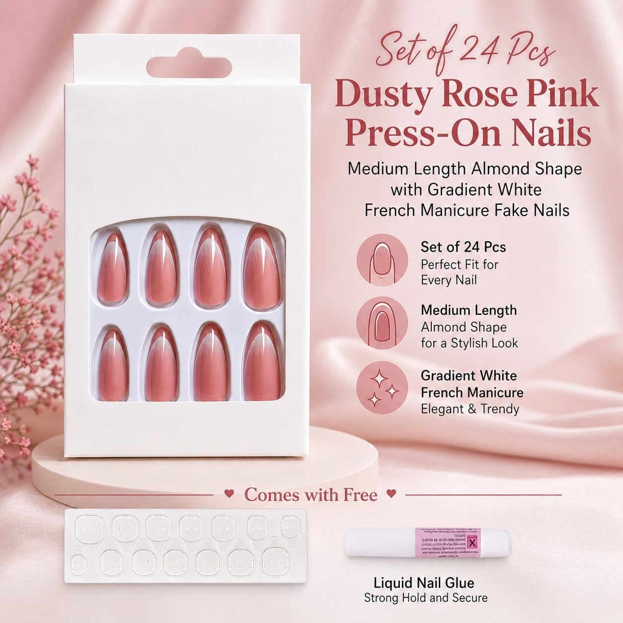 S.A.V.I 24Pcs Press on Nails Almond Shape Dusty Rose Pink Gradient Tips