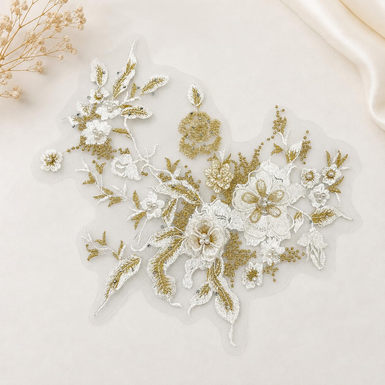 S.A.V.I Floral Embroidery Patch Sew-On Applique White Gold 36x25 cm|Large DIY Lace Motif for Dresses, Kurtas, Blouses & Shirts, Mesh Fabric, Elegant Decorative Craft Accessory