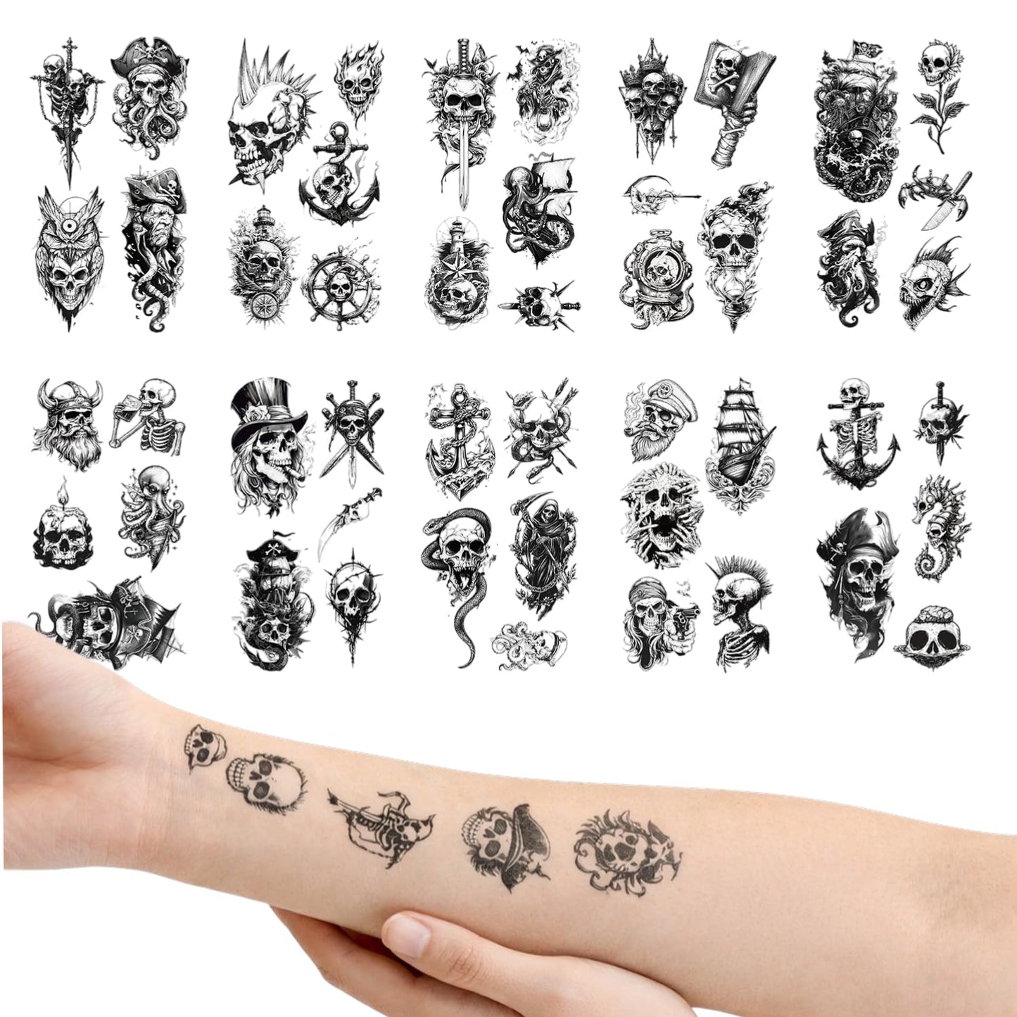S.A.V.I Black Skull Pirate Temporary Tattoos – 10 Sheets Waterproof Non-Toxic Body Art Stickers for Men & Women, Gothic Punk Design Transfer Tattoos for Arm, Neck & Shoulder (6.8x12 cm) (#331)
