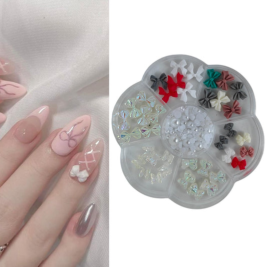 S.A.V.I DIY Nail Art Charms Set with Multicolour Resin Bows, Butterflies, Teddy Bear & Flat-Back Pearls | 7-Section Round Storage Box 8.3 cm | Nail Decoration Kit 38 pcs