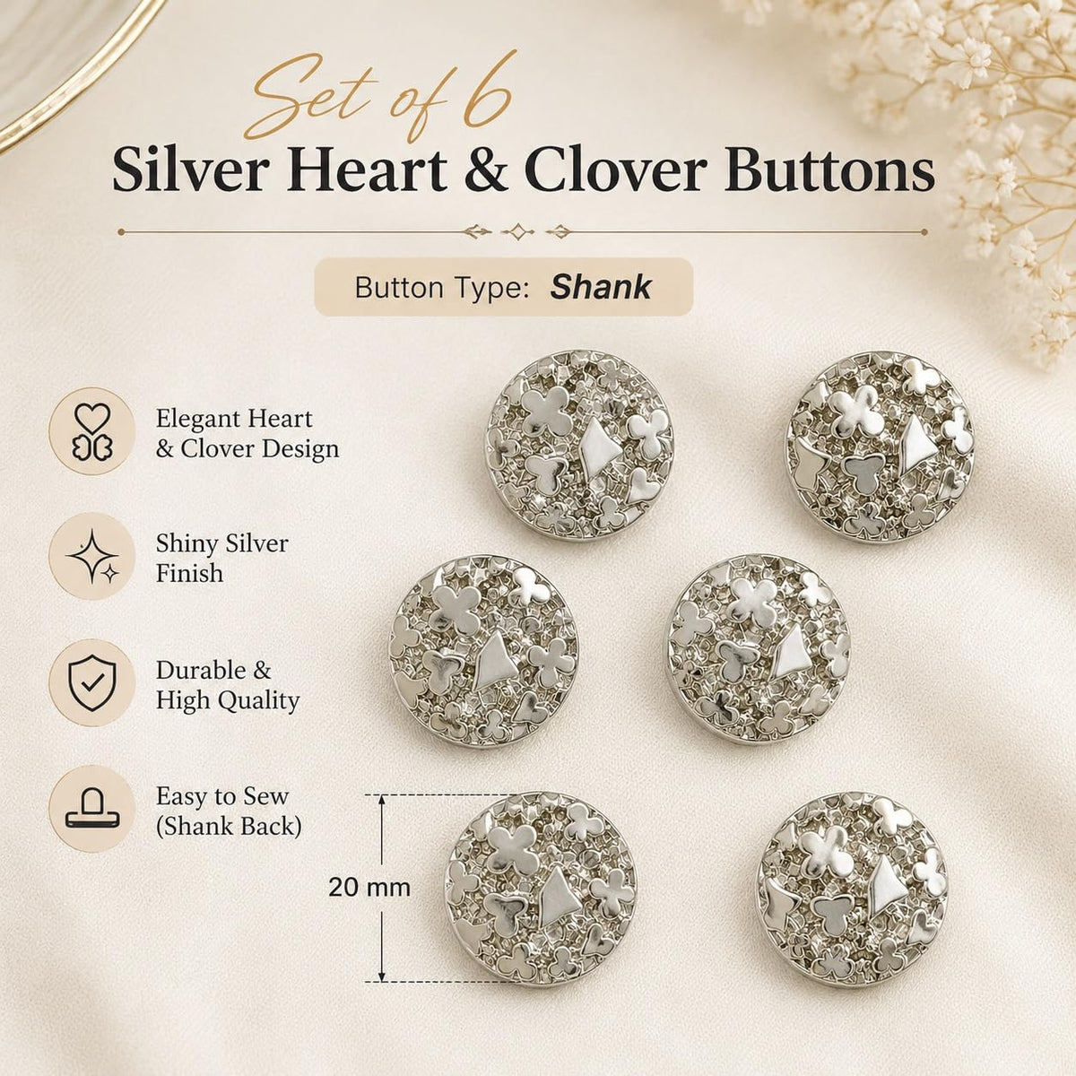 S.A.V.I Decorative Shank Buttons 20mm Silver Tone Heart & Clover | Set of 6, For Blazers & Jackets, Sewing Accessories, Durable Design, For Coats & Dresses