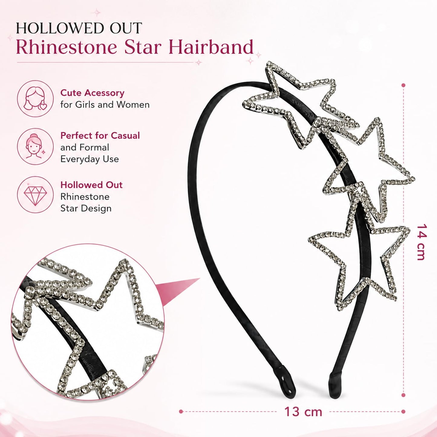 S.A.V.I Rhinestone Star Headband for Women & Girls, Black, Hollow-Out Crystal Design, Fabric Wrapped Band, 14 x 13 cm, Comfortable Fit for Party, Casual & Formal Wear