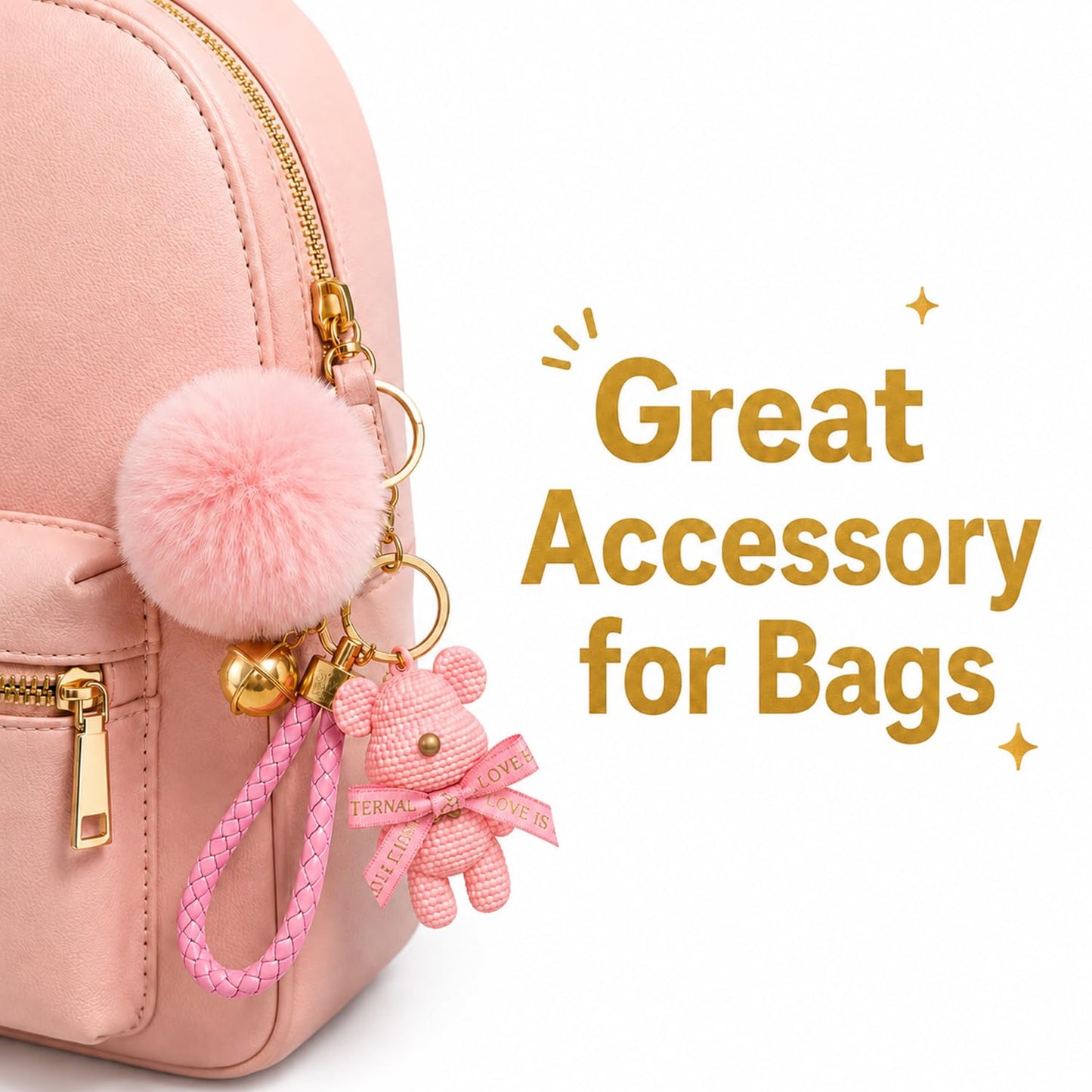 S.A.V.I Teddy Bear Pom Pom Keychain for Women & Girls, Pink Bag Charm, Soft Faux Fur, Braided Strap, Gold-Tone Bell, 13.5 Cm Cute Accessory For Keys, Handbags, Backpacks & Gifting
