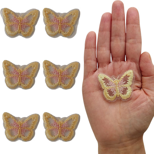 S.A.V.I 6 Pcs Butterfly Embroidered Sew-On Patches | Yellow Pink White Threadwork on Sheer Mesh | 4.4 x 3.5 cm Decorative Appliques for Dresses, Blouses & DIY Crafts (Yellow-Pink)