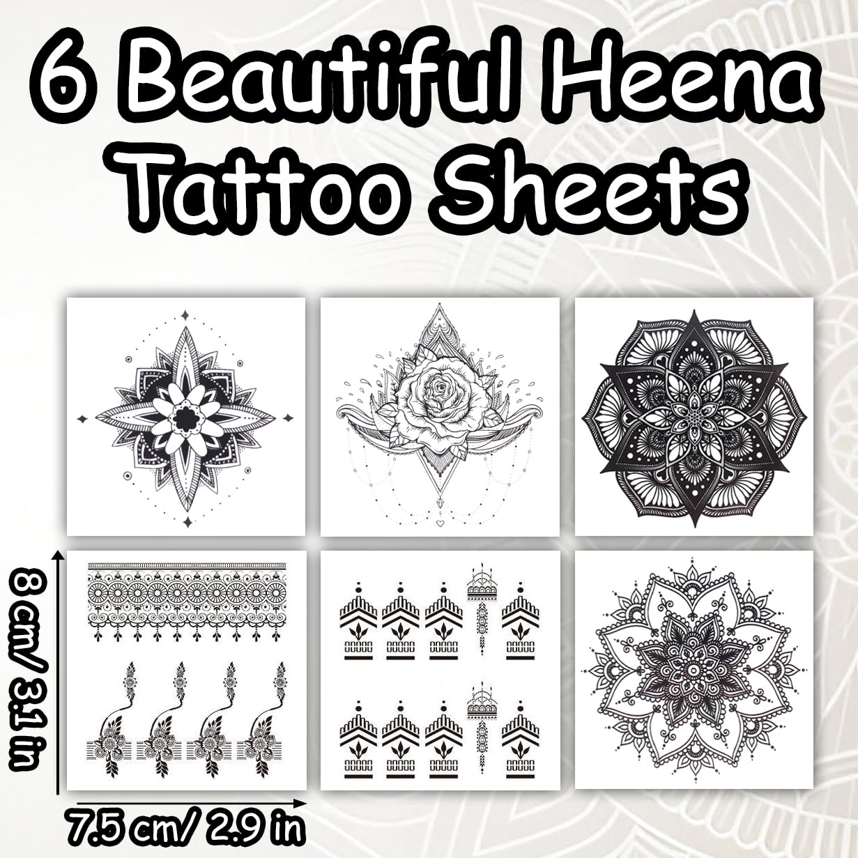 S.A.V.I 6 Sheet Black Heena Style Temporary Tattoo for Women & Girls | Waterproof Mehndi Body Art Stickers | Safe Non-Toxic | Indian Intricate Designs for Hands, Arms, Fingers (8x7.5 cm) (4)