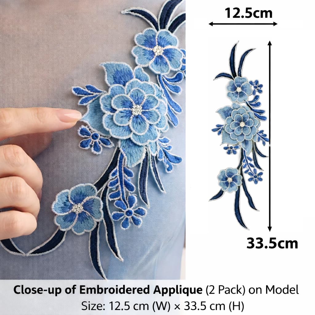 S.A.V.I Pair of Blue Floral Embroidered Applique Sew On 12.5 x 33.5 cm | Fabric Neckline Motif for Dresses Kurtis Gowns & Designer Wear (Blue)