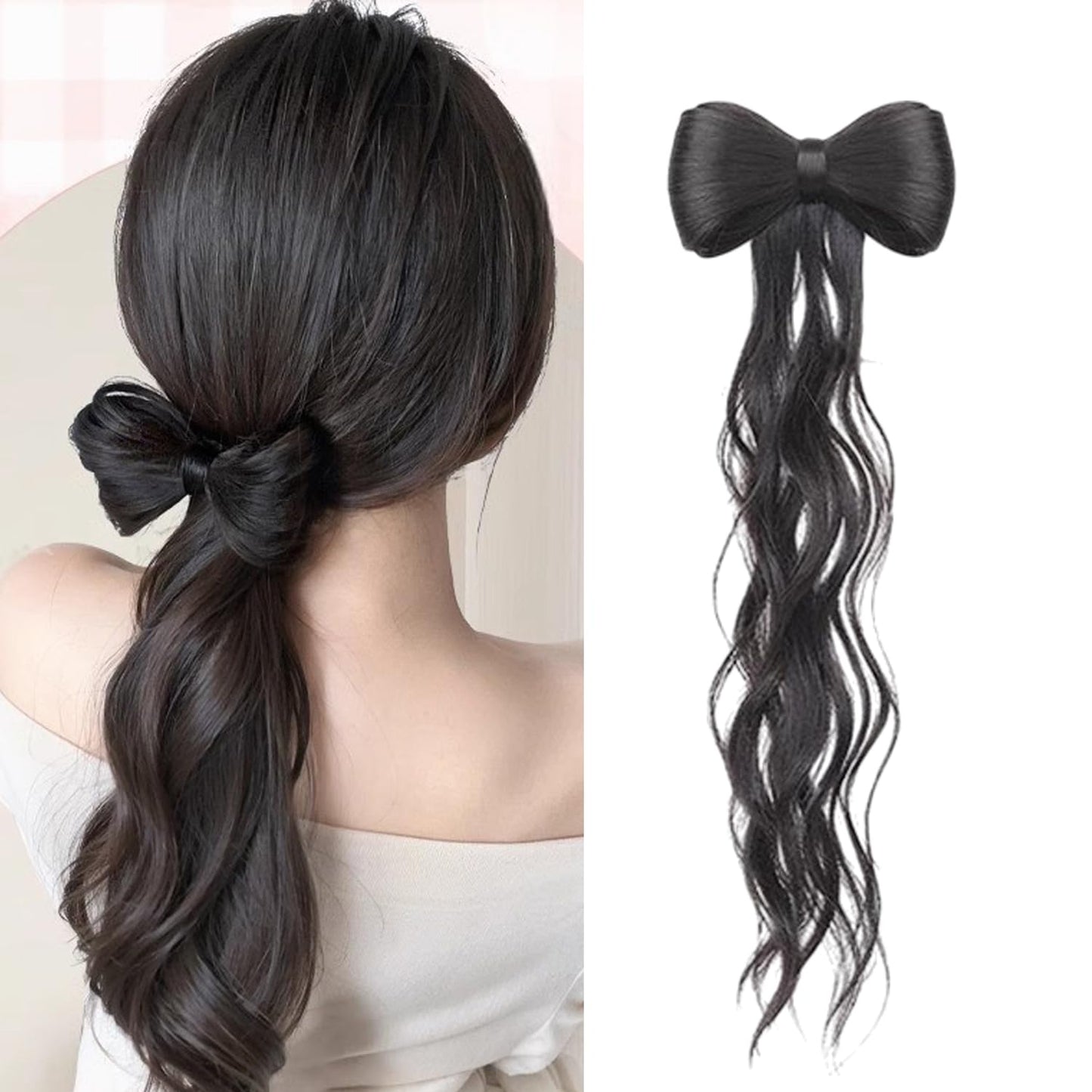 S.A.V.I Clip-On Bow Hair Extension for Women & Girls | Natural Black Long Wavy Synthetic Ponytail with Strong Grip Clip | Korean Style Hair Accessory for Daily, Parties & Fashion Styling