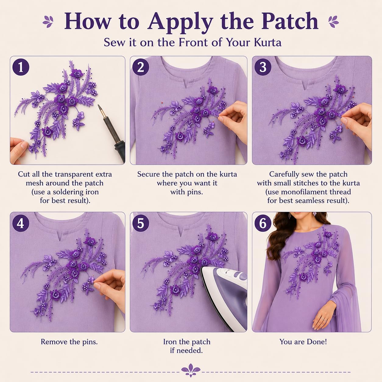 S.A.V.I Purple Floral Embroidery Patch 3D Pearl Sew-On Applique|34x25 cm Net Fabric Lace Motif for Saree, Kurti, Blouse, Gown & DIY Dress Customization, Elegant Craft Embellishment