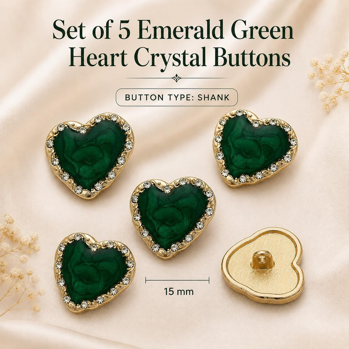 S.A.V.I Heart Crystal Shank Buttons Emerald Green 15mm Set of 5 | Rhinestone Embellishments, Gold-Tone Border, for Blouse & Saree, DIY Sewing, for Kurti & Dress