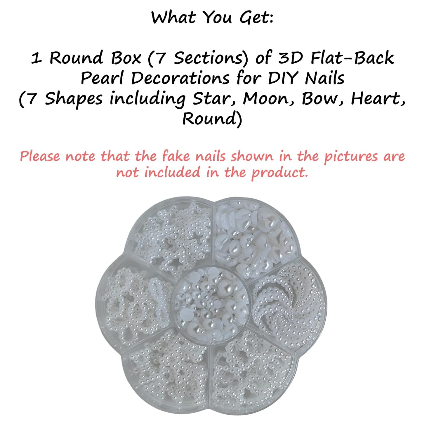 S.A.V.I White Pearl 3D Flat-Back Nail Art Charms Set – Star, Moon, Heart & Bow Shapes, Resin Pearl Design with 7-Section Round Storage Box for DIY Nail Decoration