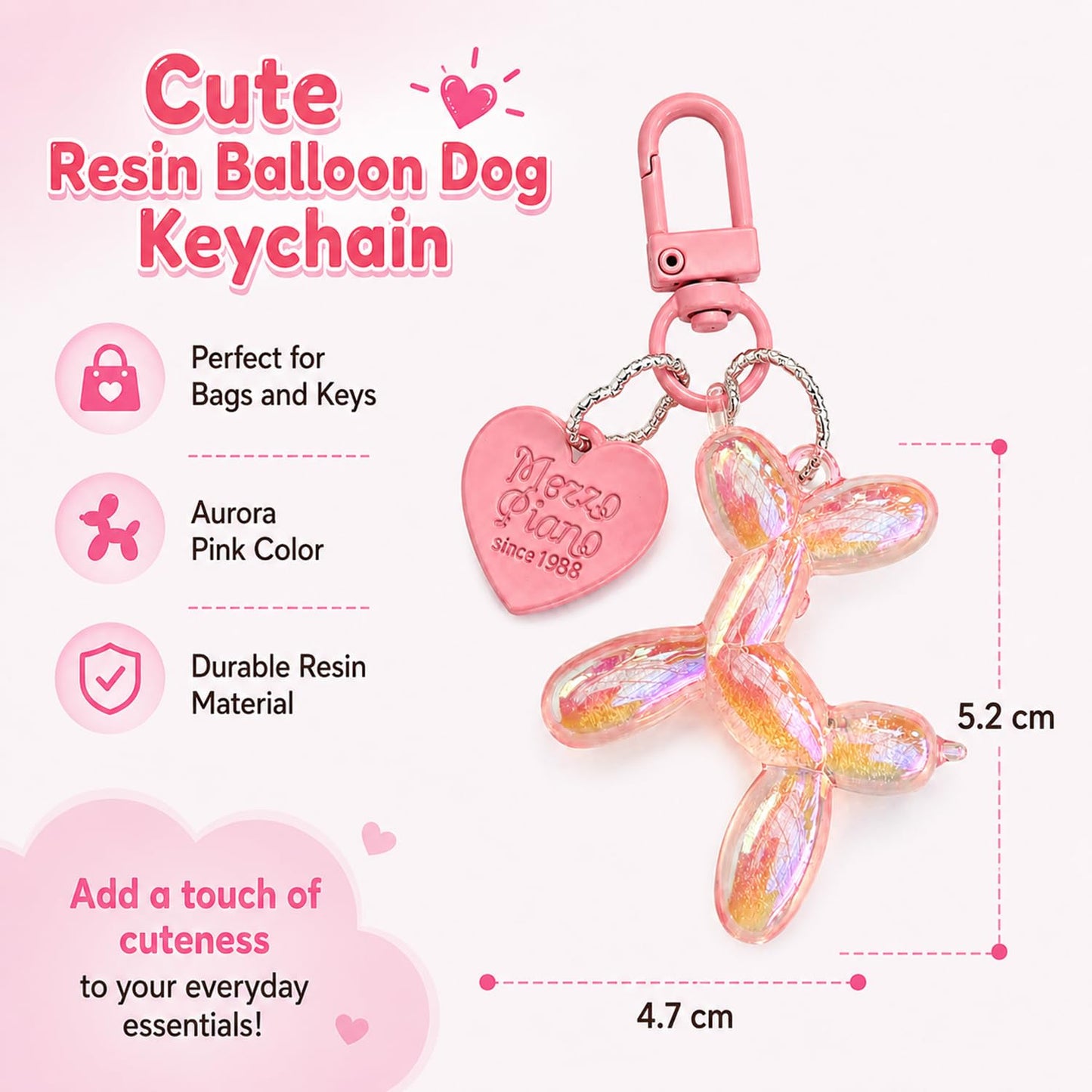 S.A.V.I Resin Balloon Dog Keychain for Women & Girls, Pink, Aurora Finish, Heart Pendant, Durable Resin, 5.2 x 4.7 cm, Lightweight Accessory for Handbags, Keys & Backpacks
