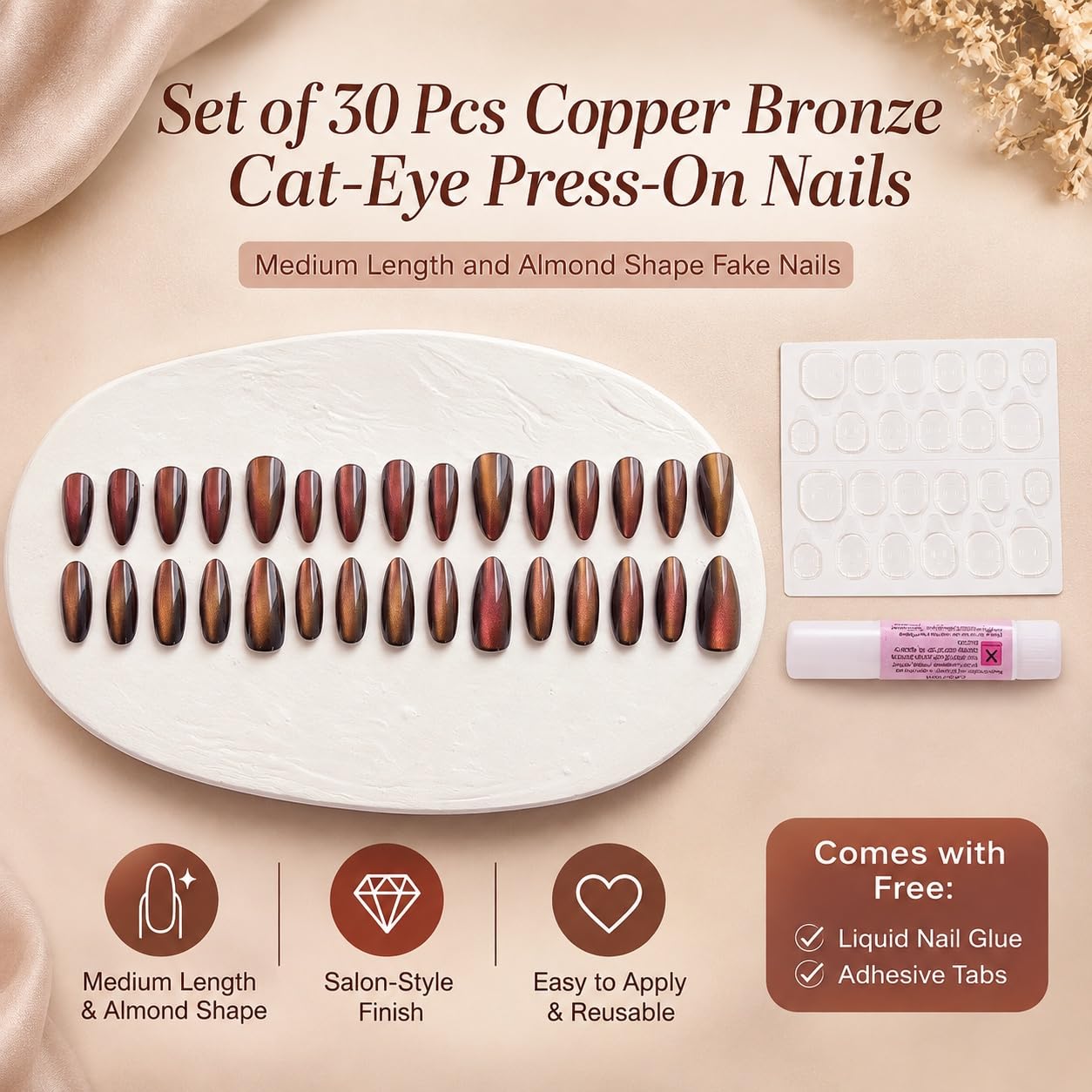 S.A.V.I Cat Eye Press on Nails Copper Bronze Medium Almond 30 Pcs