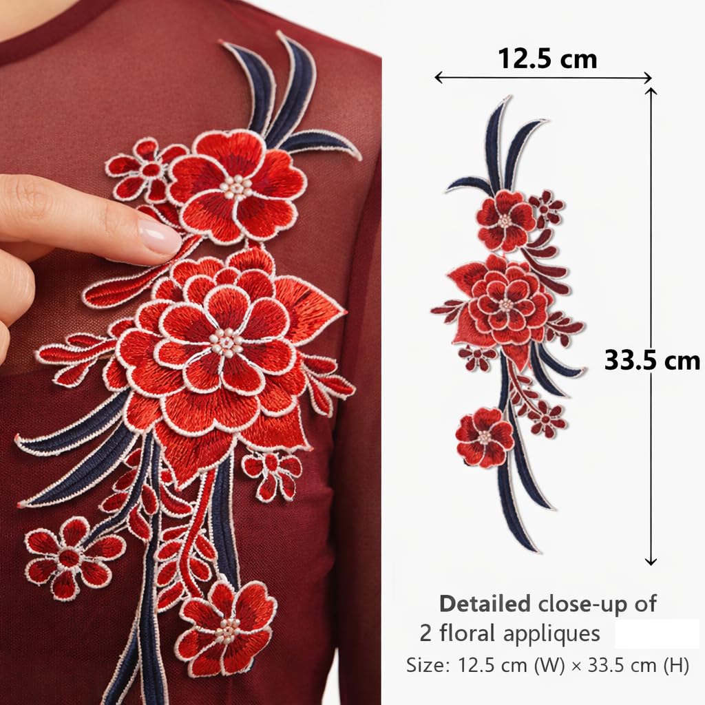 S.A.V.I Pair of Red & Navy Floral Embroidered Sew-On Applique (12.5 x 33.5 cm), Fabric Flower Patch for Women Dresses, Gowns, Kurtis & Blouses (Red)