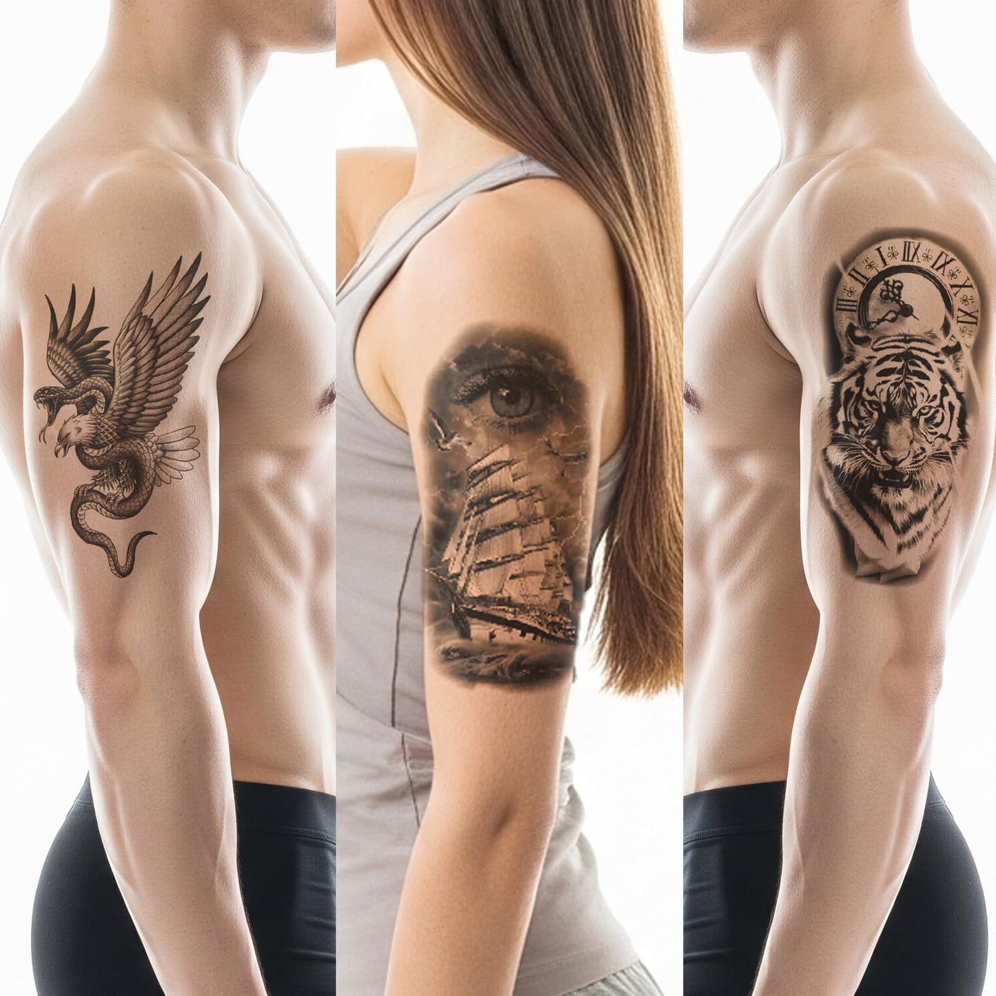 S.A.V.I 3 Mix Design Temporary Tattoo Sheets 21x10 cm Black Grey – Realistic Tiger Clock Eagle Snake Eye Ship Tattoos, Waterproof Non-Toxic Long Lasting Body Art for Men Women (#13)