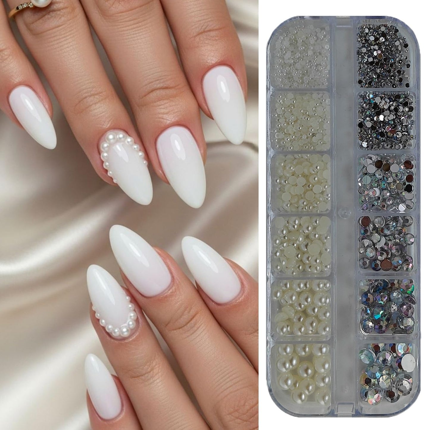S.A.V.I DIY Nail Art Decoration Kit with White & Ivory Pearl AB Crystal Rhinestones, Flat Back Resin Gems, 6 Mixed Sizes, Gloss Finish, 12-Grid Storage Box for Salon & Home Use