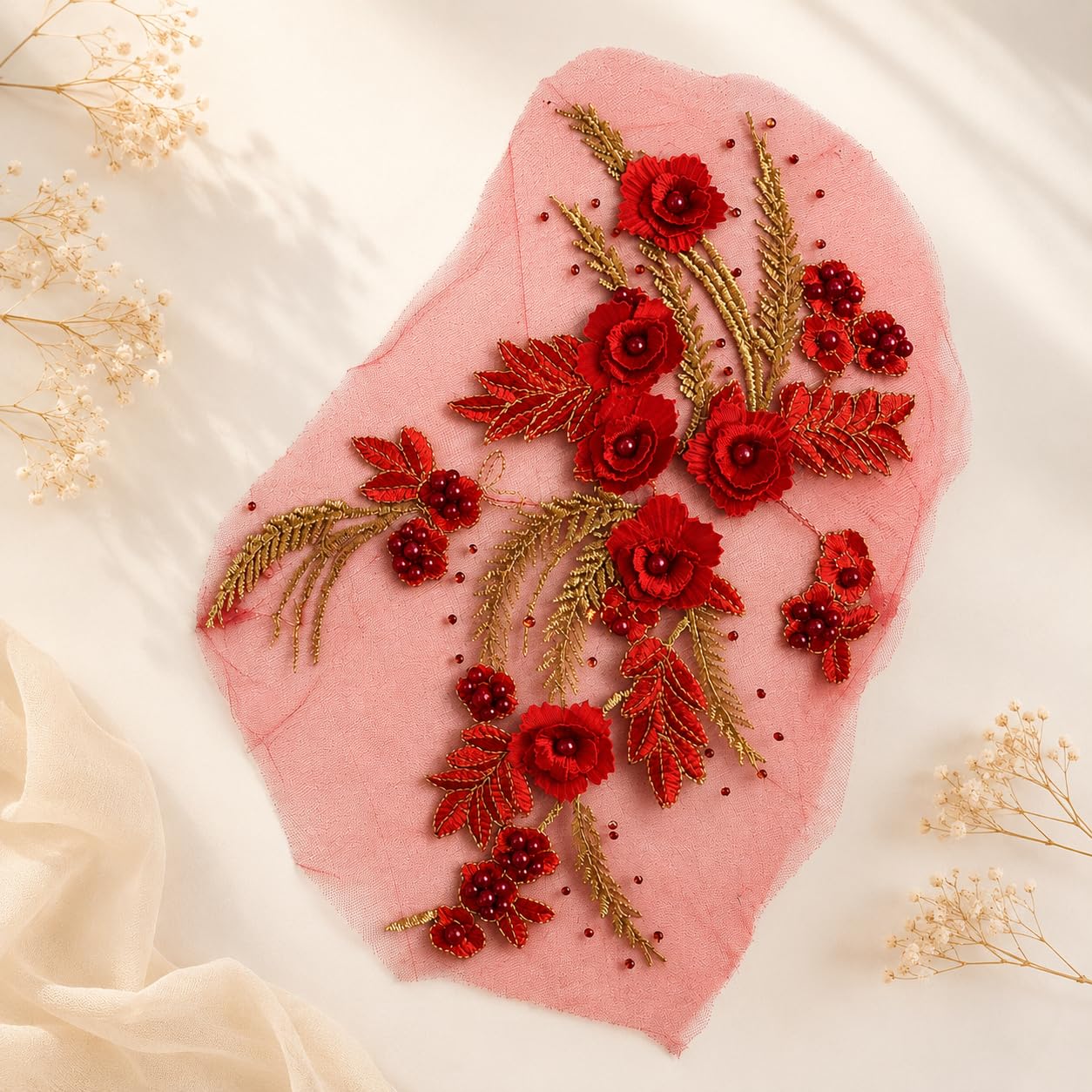 S.A.V.I Floral Embroidery Patch Sew-On Applique Red Gold 34x25cm|DIY Mesh Lace Motif for Kurta, Blouse, Saree, Gown & Dress Neckline, Handcrafted Women’s Garment Embellishment, 1 Pc