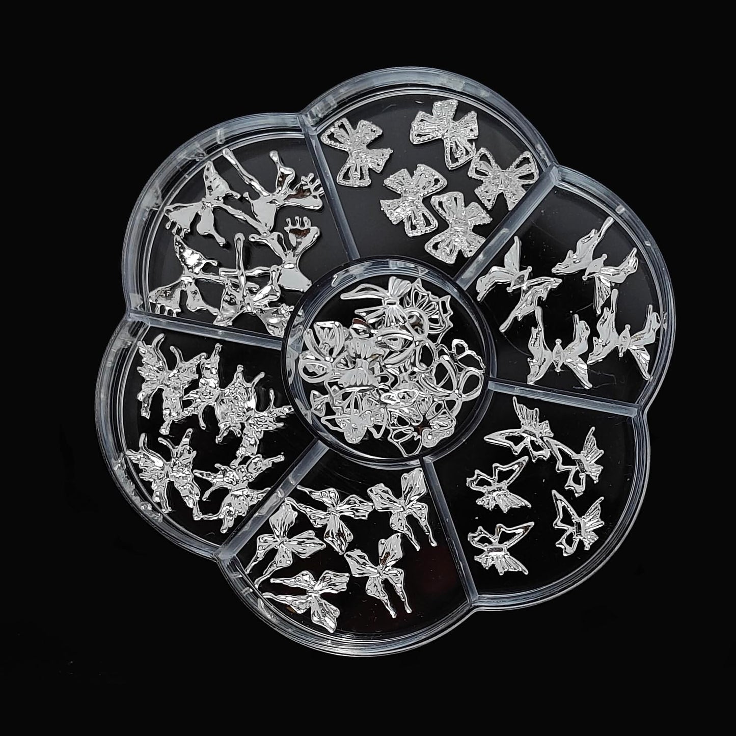 S.A.V.I Silver Metal 3D Nail Art Charms Set (60 Pcs) with Fairy, Butterfly & Bow Designs | DIY Decorations for Gel & Acrylic Nails | Flower Shape Round Storage Box 8.3 cm