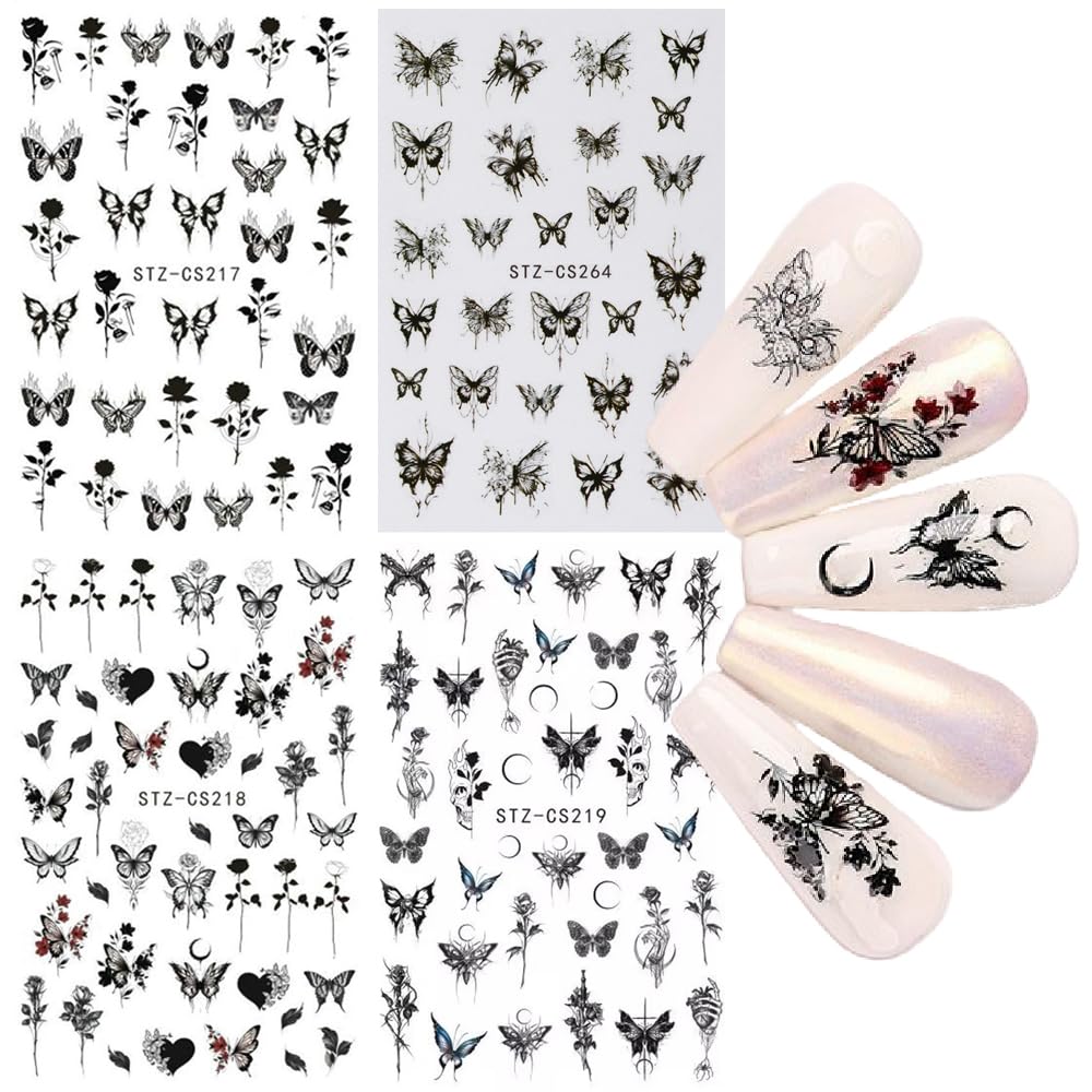 S.A.V.I 4 Pcs Set Self-Adhesive Butterfly  Rose Nail Stickers - Black, Red, Blue Floral Decals for DIY Manicure Art - Long-Lasting, Easy to Apply Nail Decor for Salons  Home Use