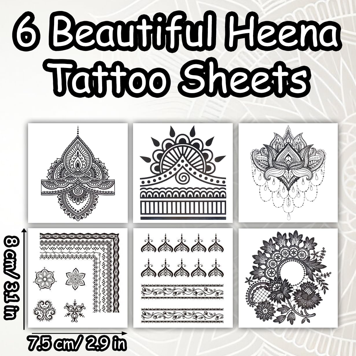 S.A.V.I 6 Sheet Black Heena Style Temporary Tattoo for Women & Girls | Waterproof Mehndi Body Art Stickers | Safe Non-Toxic | Indian Intricate Designs for Hands, Arms, Fingers (8x7.5 cm) (1)