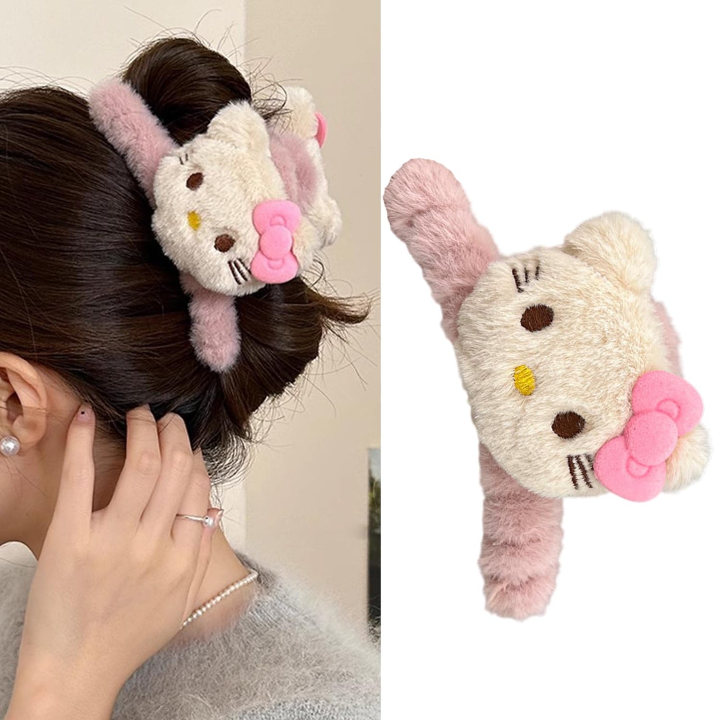 S.A.V.I Cute Plush Kitten Hair Claw Clip 12 cm for Women & Girls | Soft Faux Fur Cat Design in Pink & Cream | Strong Grip Clutcher for Thick Hair | Stylish Daily Hair Accessory