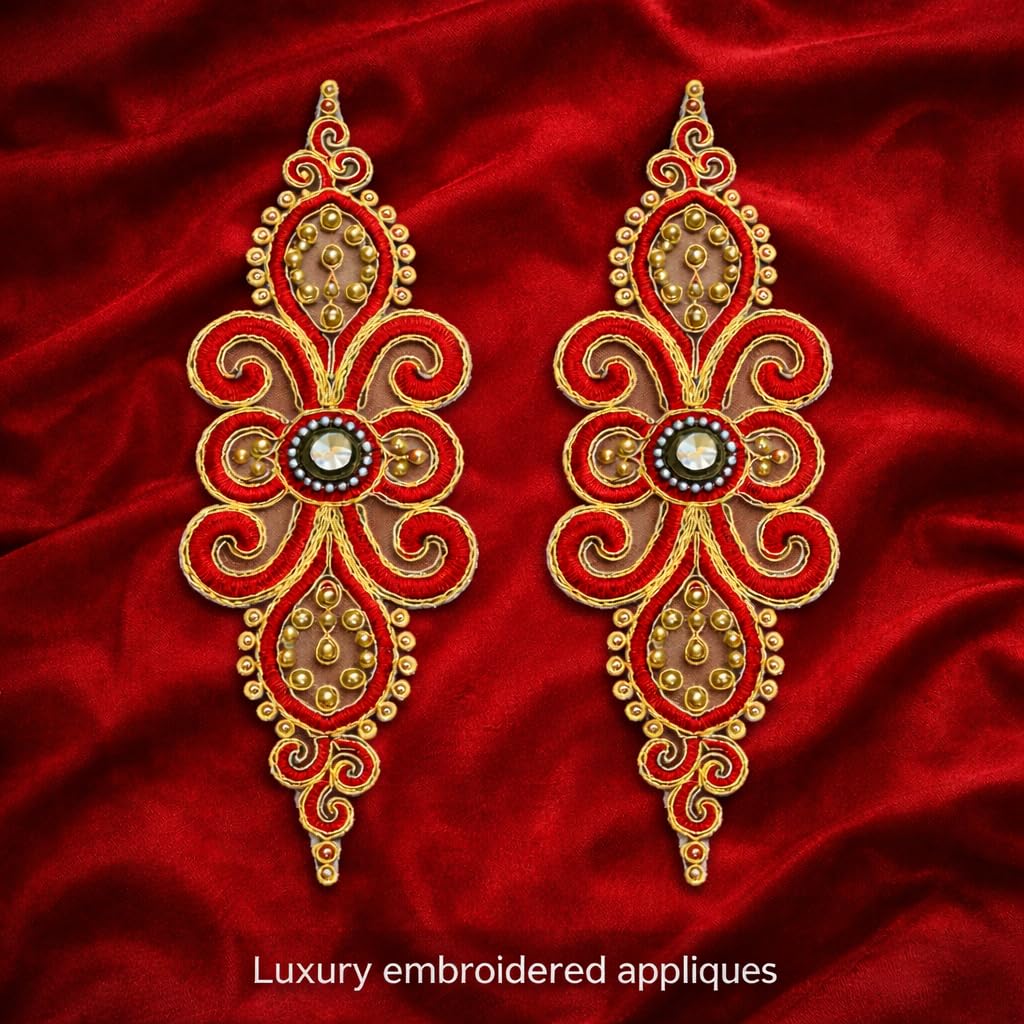 S.A.V.I Pair of Red & Gold Embroidered Sew-On Appliqué (11 x 35 cm), Floral Paisley Zari Beads Stone Work, Designer Craft Patch for Kurti, Gown, Blouse & Ethnic Wear (Red-Gold)