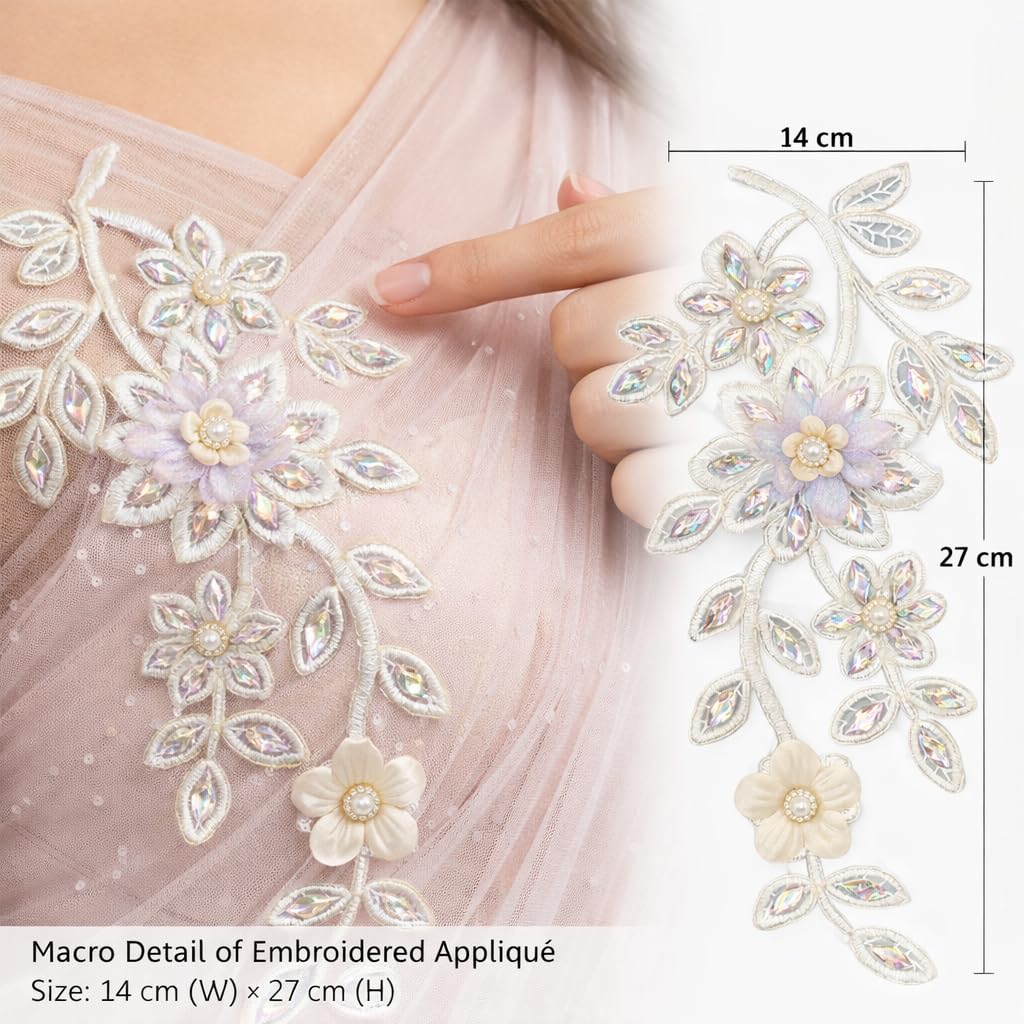 S.A.V.I Silver & Pastel Floral Sew-On Appliqué Patch, 3D Beaded Crystal Leaf Design, 14 x 27 cm Net Fabric for Saree, Kurti, Gown & Dress Decoration (Left, Silver, OneSize)